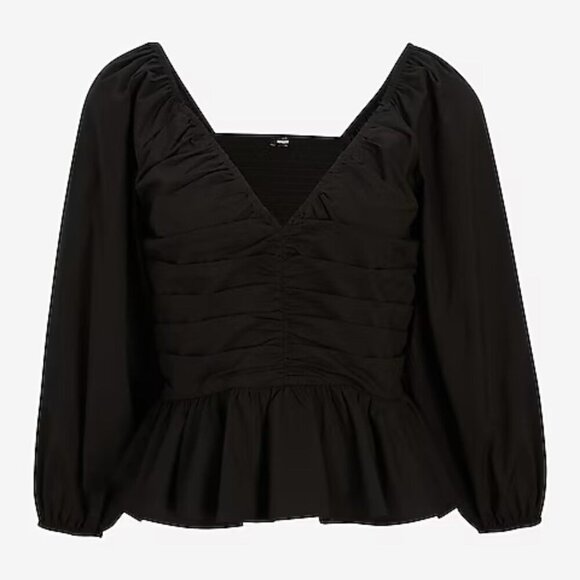 Express Women's V-Neck Pleated Peplum Top Size XS Black 3/4 Puff Sleeves NWT $74 - Picture 5 of 16